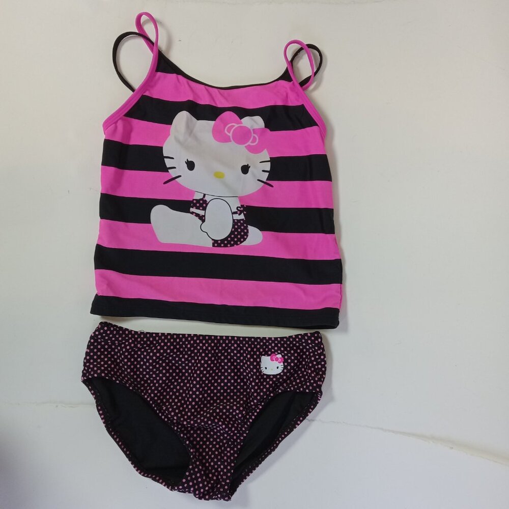 Hello Kitty By Sanri Swimsuit Girl's Size 10/12 Pink Black Stripe Polka Dot